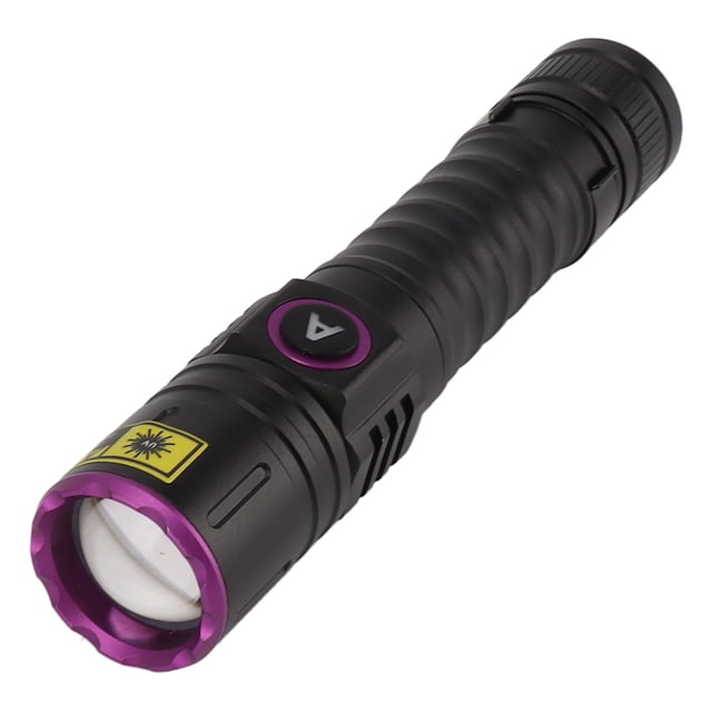 365nm Black Light UV Flashlight by Zaqw, featuring a durable aluminum alloy body with a black finish and purple accents. This waterproof flashlight is designed for detecting stains, rocks, and fluorescence. It has a 10W high-power ultraviolet light source with a 365nm wavelength, controlled by a button. The flashlight measures approximately 132mm in shrink length and 142mm in elongation length, with a lamp diameter of 28mm. Includes a USB cable for charging. Ideal for camping and outdoor activities.