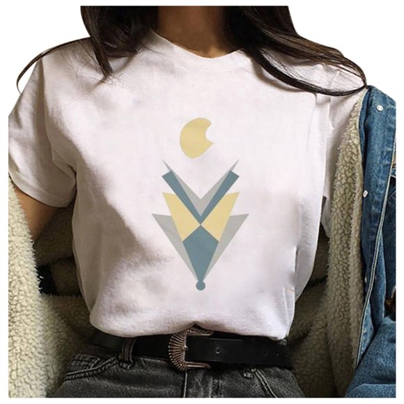 Pompotops Women's Fashion Geometric Graphic Print Harajuku Female Round Neck Loose T-shirt