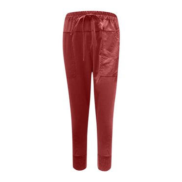 QUYUON Womens Workout Pants Clearance Casual Solid Cotton Linen Drawstring Elastic Waist Calf-Length Pencil Pants Womens Jogger Pants Full Length Pant Leg Loungewear Style P8705 Wine XXL