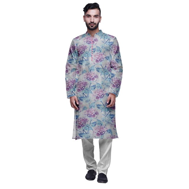 Atasi Modal Satin Printed Mens Kurta With Churidar Pajama Set Summer Clothing