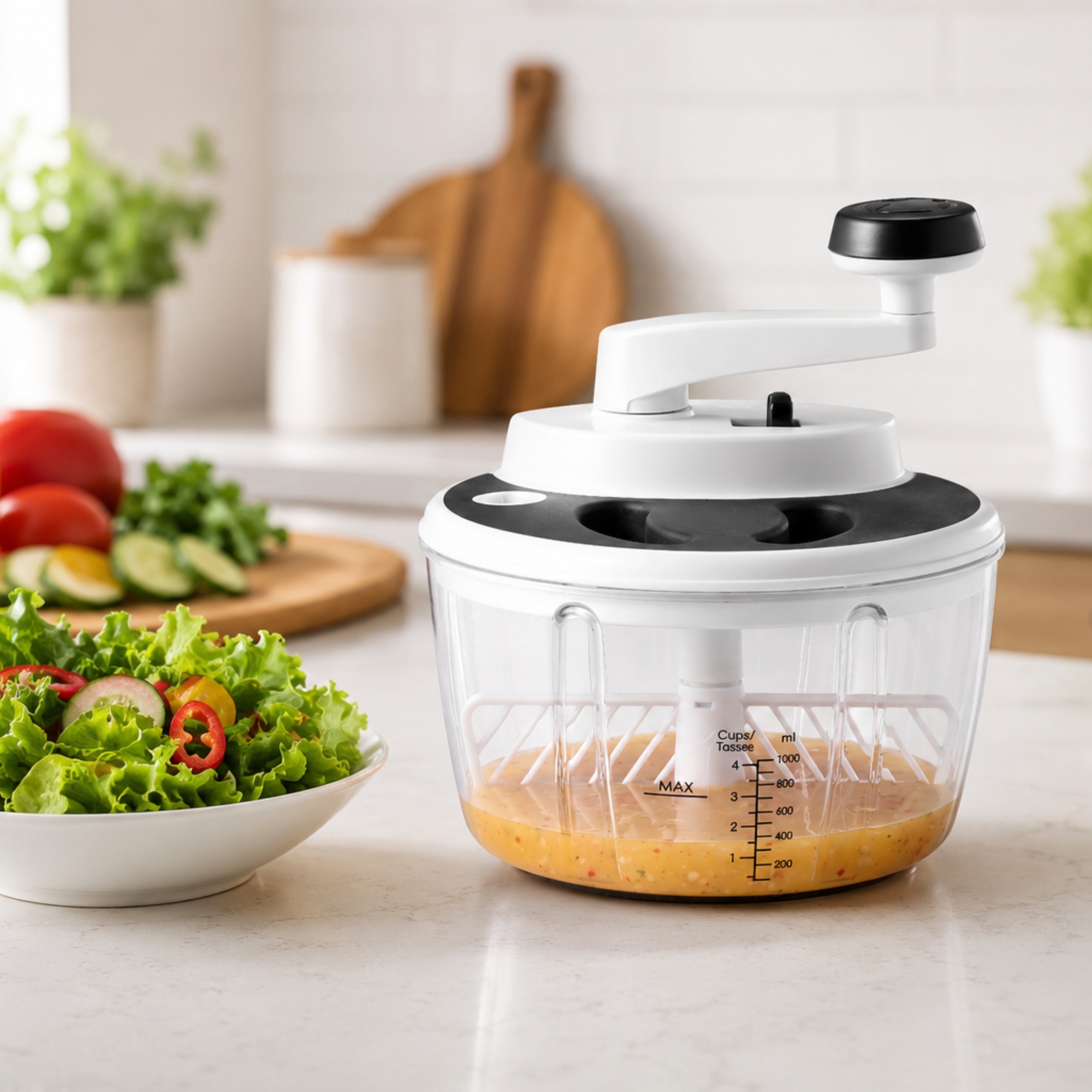 Starfrit Pro Food Processor & Mixer 3-in-1 Manual Food Chopper, Whisk & Salad Spinner, Ice Crushing, 2 Speeds, 1L Bowl, Salsa, Hummus, Mayo & Dressing
