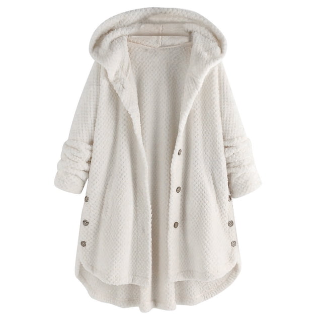 WEIYLL Womens Fleece Jacket Pocket Irregular Long Hooded Button Sleeve Plus Size White Cold Weather Tops Size M