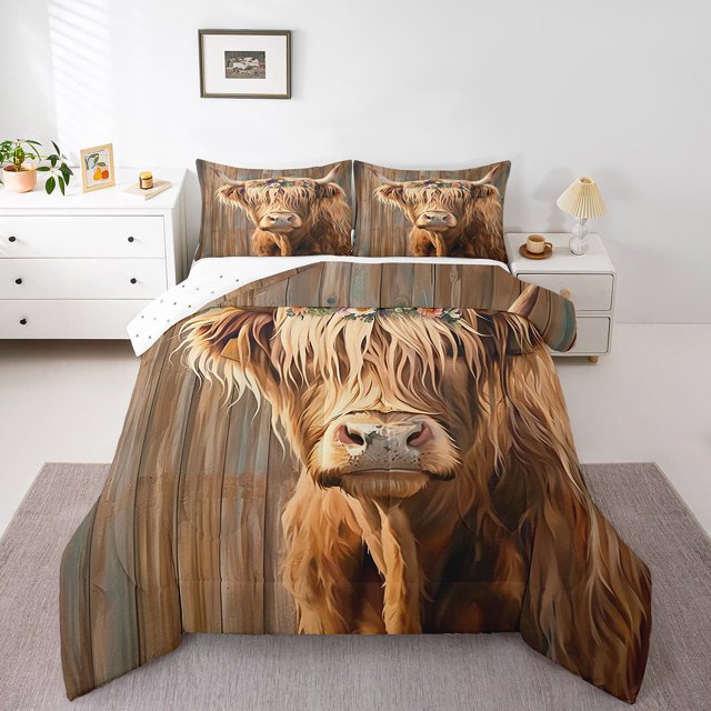 Erosebridal Highland Cow Bedding Sets Full with Comforter, Rustic Farmhouse Duvet Insert, Reversible