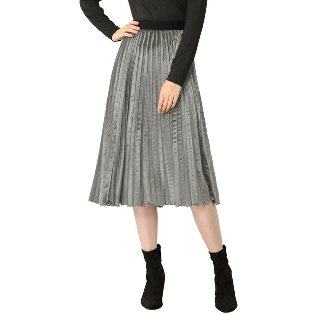 INSPIRE CHIC Jupe Midi Évasée Plissée en Velours à Taille Haute Élastique pour Femme