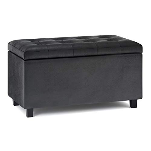 SIMPLIHOME Cosmopolitan 34 inch Wide Rectangle Lift Top Storage Ottoman in Upholstered Distressed Black Tufted Faux Leather, Footrest Stool, Coffee Table for the Living Room, Bedroom and Kids Room