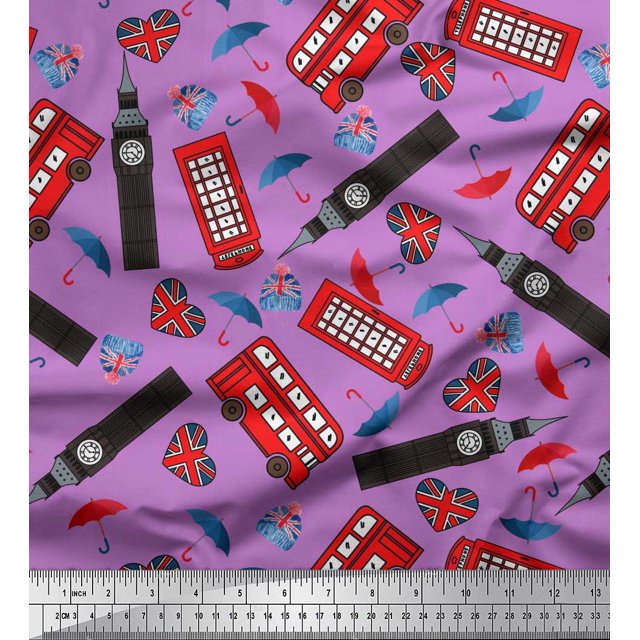 Soimoi Rayon Fabric Bus,Telephone Booth & London Clock Tower Architectural Decor Fabric Printed Yard 56 Inch Wide