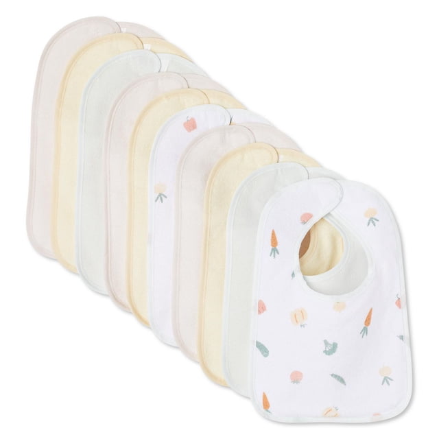 George infants' gender inclusive bib 10-pack arranged in a fan showing assorted pastel colours and vegetable prints, made from 65% cotton and 35% polyester with Velcro closures for easy on and off, ideal for baby feeding and keeping clothes clean during meals.