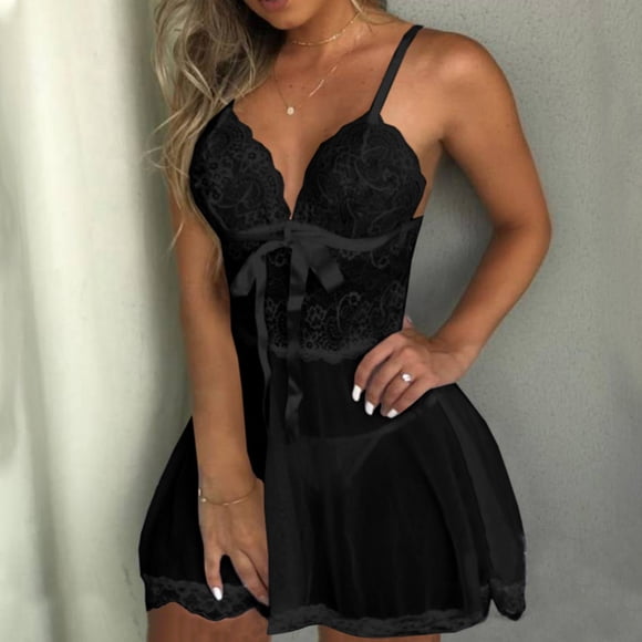 Sakmal Babydoll Moomoo House Dress for Women Short Soft Mesh Black Mumu Dress Sleeveless Lace Chemises for Women