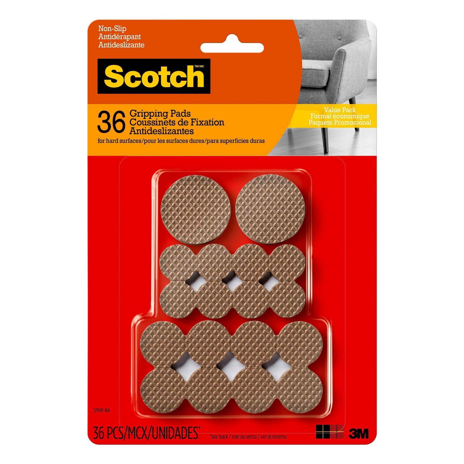 Patins antidérapants Scotch®, paquet-prime, SP941-NA, brun, tailles assorties, 36/paquet