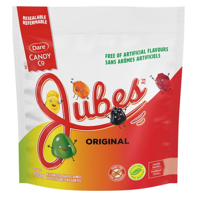 Dare Juicee Jubes, Candy Jujubes original assorted gummy candies in a 700g resealable bag featuring animated fruit-shaped jujubes in green, yellow, orange, black, and red, free from artificial flavours, gluten, gelatin, and peanuts, made in Canada, ideal for snacking or sharing.