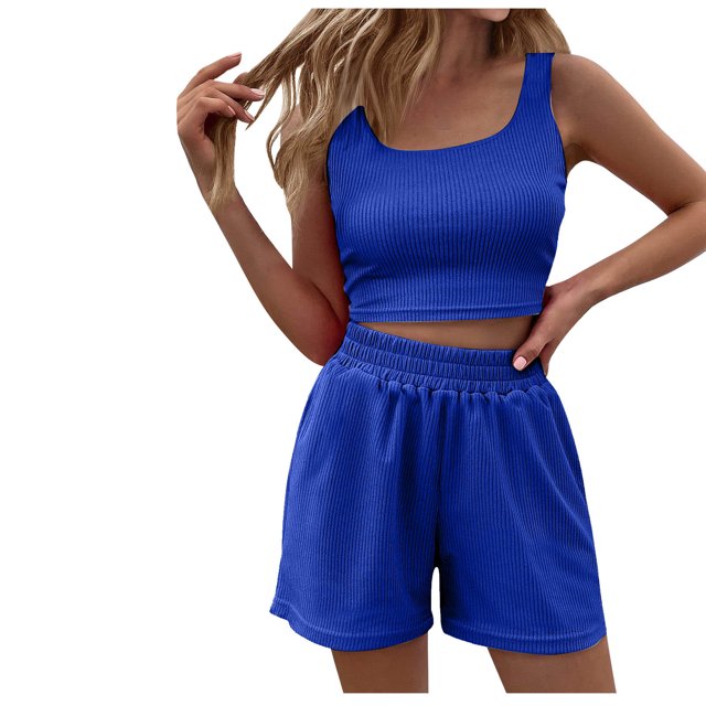 Cameland Women's Spring and Summer Solid Tank Top Shorts Two Piece Casual Home Set