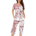 thumbnail image 2 of Pisexur Ensembles de Pyjama pour Femmes Mode Chemises de Nuit à Imprimé Floral pour Femmes Ensemble de Sommeil 2 Pcs Été Décontracté Col Rond Blouses Plissées Boutonnées Hauts et Pantalons Longueur sous le Genou avec Poches, 2 of 5