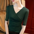 thumbnail image 2 of Wrap Tops for Women Ruched V Neck Slim Fitted Half Sleeve Business Casual Work T Shirts Blouse, 2 of 3