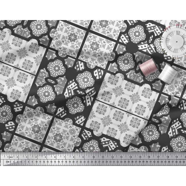 Soimoi Satin Silk Fabric Check & Quatrefoil Patchwork Print Sewing Fabric Yard 42 Inch Wide