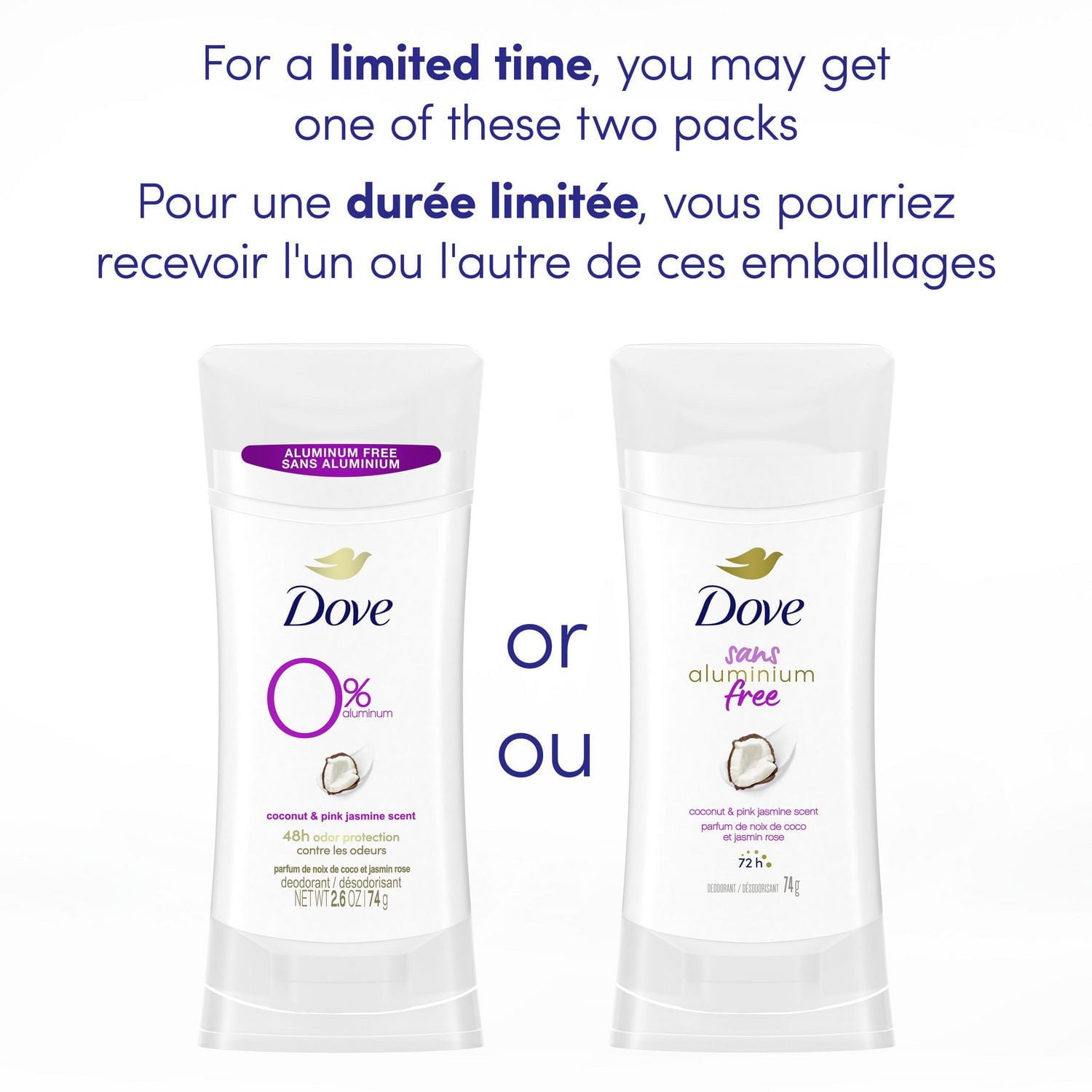 Déodorant pour femmes avec 1/4 d'hydratants Dove sans aluminium parfum lavande et vanille pour des aisselles douces et confortables