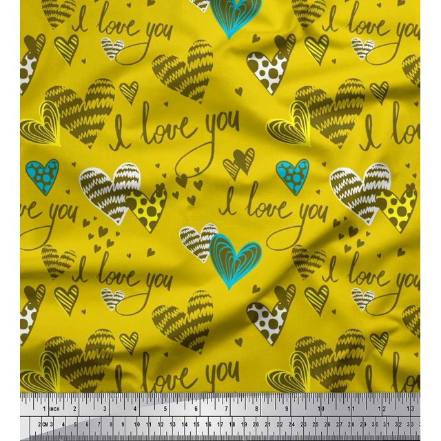 Soimoi Yellow Poly Georgette Fabric Heart & I Love You Text Print Sewing Fabric Yard 52 Inch Wide