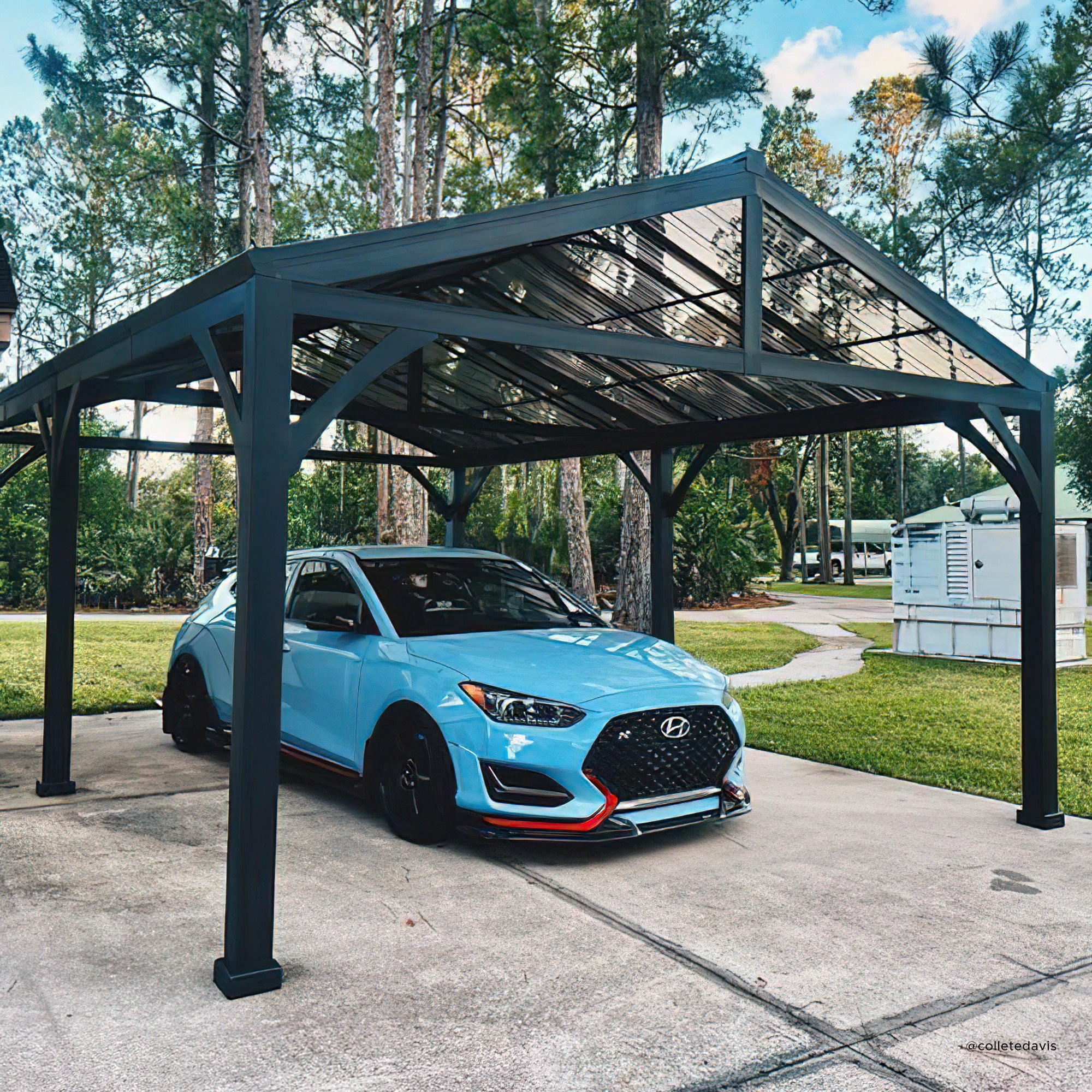 Sunjoy Carport 20 ft. x 14 ft. Gazebo Extérieur Abri de Voiture Robuste avec Toit en Acier Galvanisé Thermolaqué Marron / Cadre Noir et 2 Crochets de Plafond