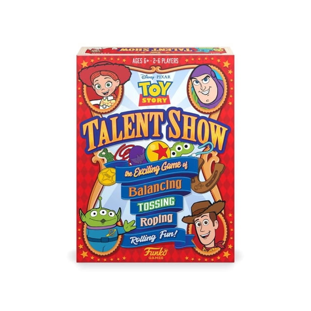 Funko Disney Pixar Toy Story Talent Show Board Game with a red box featuring Toy Story characters and text describing a game of balancing, tossing, roping, and rolling for 2-6 players ages 6 and up, suitable for family and group play.