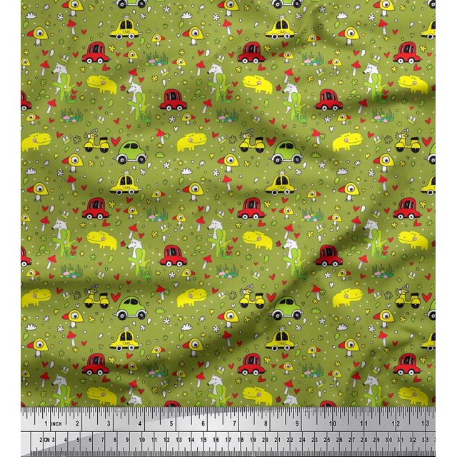 Soimoi Velvet Fabric Heart,Vehicles & Animals Cartoon Printed Fabric 1 Yard 58 Inch Wide