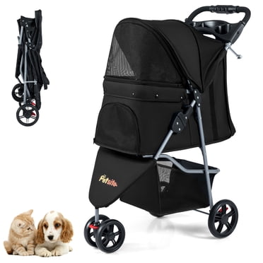 Gymax Foldable Pet Stroller Adjustable Cat Strolling Cart w/ Adjustable Canopy 3 Shock-absorbing Wheels Black