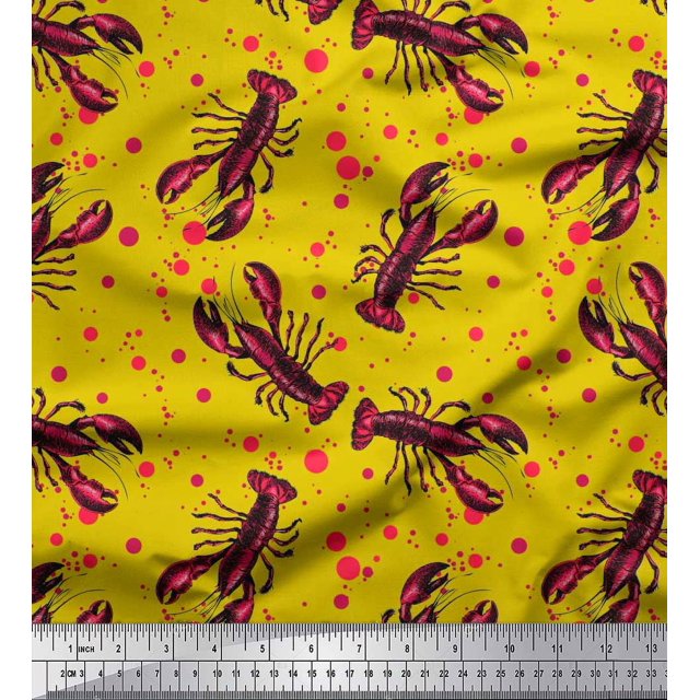 Soimoi Rayon Fabric Dot & Lobster Ocean Print Sewing Fabric Yard 42 Inch Wide
