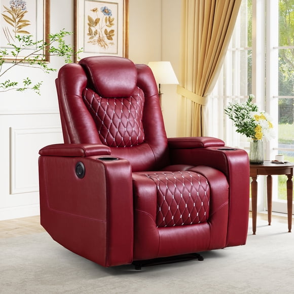 Bonzy Home Power Recliner Chair with USB Ports and Cup Holders, Electric PU Leather Reclining Chair with Hidden Arm Storage, Home Theater Recliners with Backrest for Living Room, Bedroom, Red