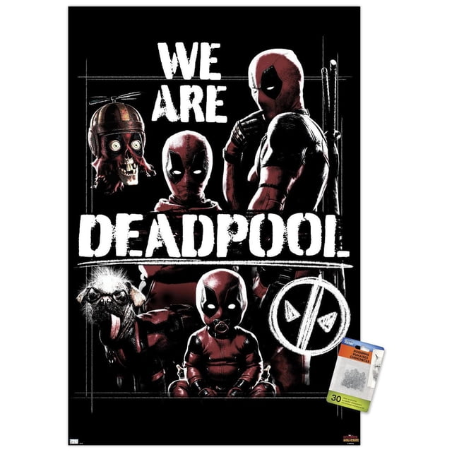 Marvel Deadpool & Wolverine - Affiche Murale « We Are Deadpool » avec Cadre Magnétique, 22,375 Po x 34 Po Présentant une Oeuvre Brillante à Haute Résolution de Deadpool dans Diverses poses, Dont une Figurine Debout avec des Épées, un Bébé Deadpool avec une Suce et un Crâne Flottant avec un Casque à Hélice, sur Fond Noir avec Texte Blanc Audacieux « We Are Deadpool » et un Symbole Rayé, Idéal pour une Déco Murale Vibrante à la Maison.