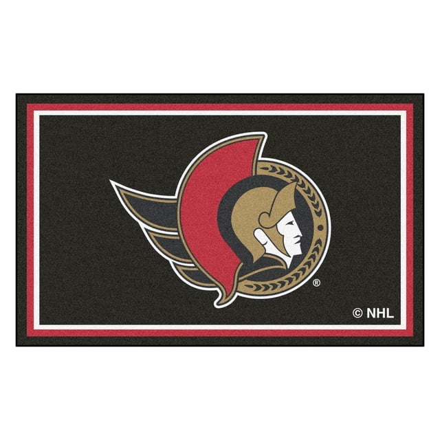 LNH-Senators d'Ottawa Tapis 4x6 Affichant un logo des Senators d'Ottawa Centré avec un Casque de centurion Romain en Rouge, or, Noir et Blanc sur Fond Noir avec des Bordures Rouges et Blanches, Fait de nylon de 32 oz avec Endos Antidérapant, Convient comme Tapis d'Accent pour Salles de Jeux, Bureaux Ou Chambres.
