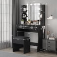 thumbnail image 2 of BeesClover Modern Vanity Table with LED Lights Mirror, Dimmable Three-Mode Lighting, 2 Drawers & 6 Shelves， Power Outlet, Hair Dryer Holder & Adjustable Upholstered Stool for Bedroom, 2 of 8