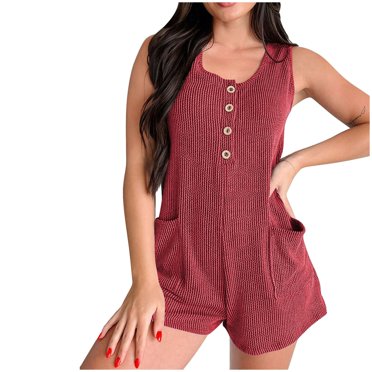 Weiqiqre Summer Casual Rompers For Women 2024 Loose Comfy Short Jumpsuits Sleeveless One Piece Beach Jumpers With Pockets