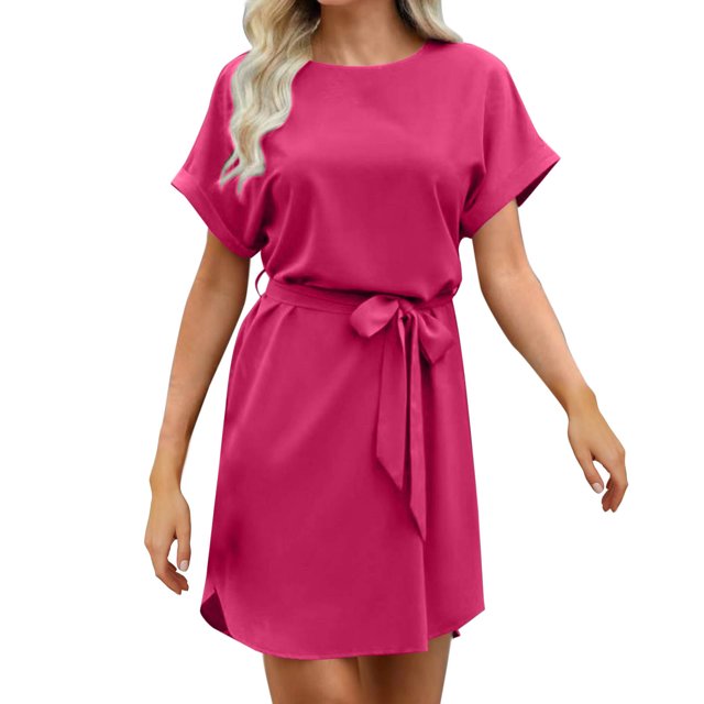Offre à Durée Limitée Iumwxz Robe à Col Rond à Manches Courtes pour Femme Tunique à Ourlet Arrondi Robe Formelle avec Ceinture Robes Unies Longues Robes pour Femmes Robe Douce et Confortable pour Fête d'Anniversaire