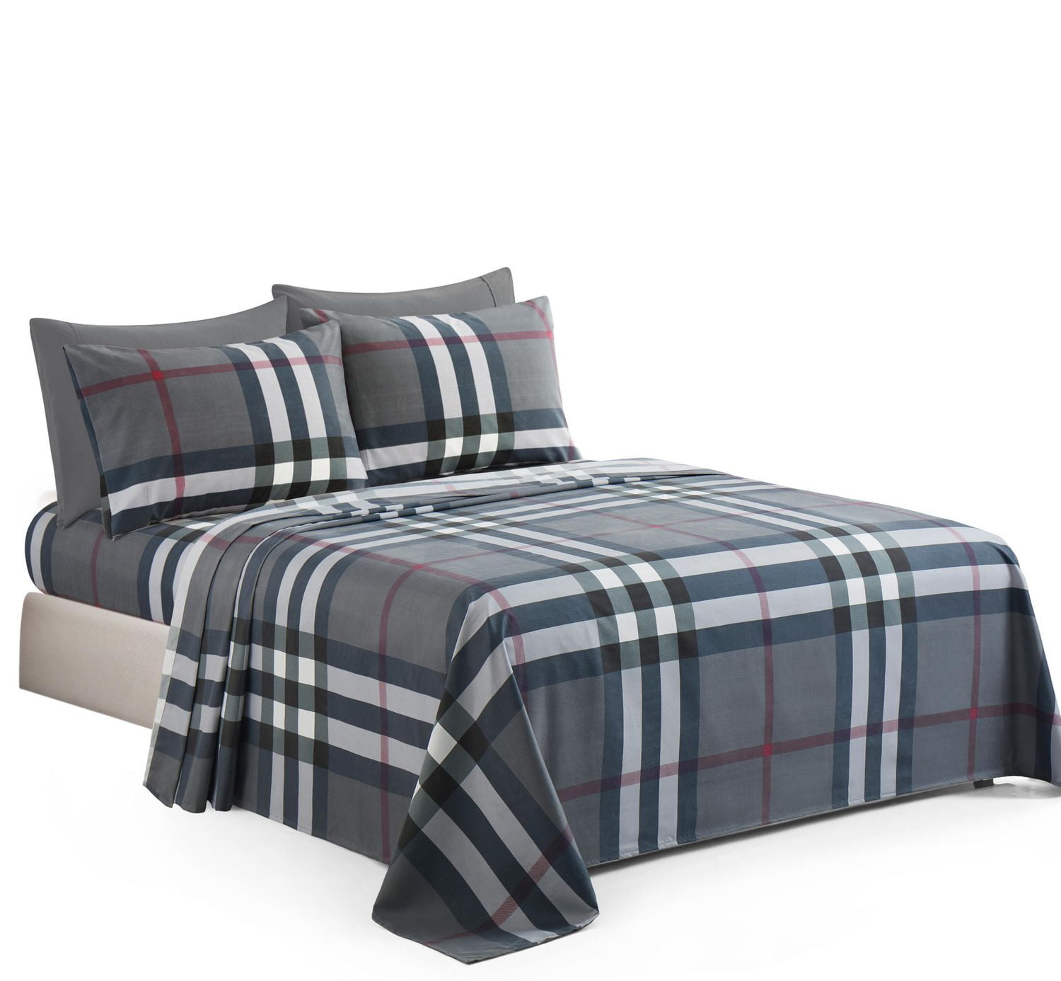 Literie Marina Décoration ultra douce, soyeuse et riche en soie, imprimée, en rayonne de bambou, toutes saisons, avec taies d'oreiller, motif tartan gris moderne