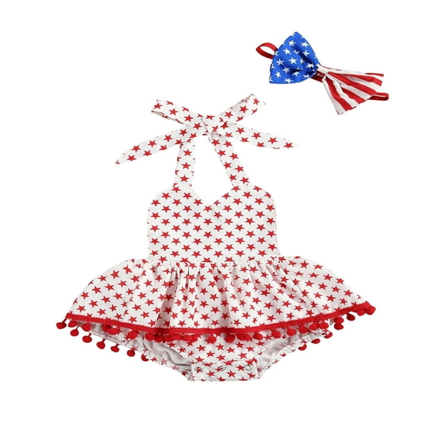 Tenue de 4 Juillet pour Nouveau-Née Fille, Barboteuse Rayée, Robe, Ensemble, Combinaison