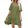 thumbnail image 1 of Women Cover-up Dress  Short Sleeve V Neck Solid Ruffled Loose Summer Casual Beach Dress, 1 of 2