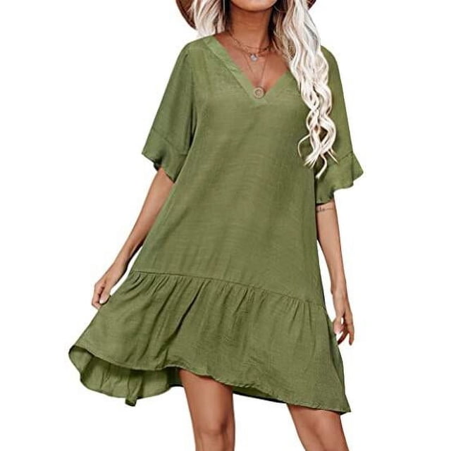 Women Cover-up Dress Short Sleeve V Neck Solid Ruffled Loose Summer Casual Beach Dress