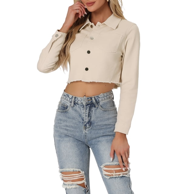 INSPIRE CHIC Women's Turn Down Frayed Button Down Spring Summer Washed Cropped Denim Jacket Beige XS