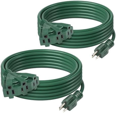 25Ft Outdoor Extension Cord with 3 Outlets, 2-Pack, 16/3 SJTW, 13-Amp Power Cord for Lighting, Landscaping & Holiday Decorations, Grounded, ETL Listed Green 25FT 2PACK