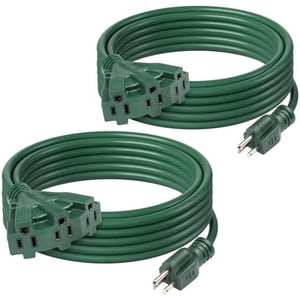 25Ft Outdoor Extension Cord with 3 Outlets, 2-Pack, 16/3 SJTW, 13-Amp Power Cord for Lighting, Landscaping & Holiday Decorations, Grounded, ETL Listed Green 25FT 2PACK