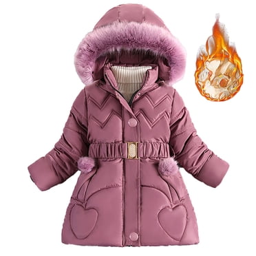 PMVFHDE Girls Winter Coat Heavyweight Fleece Kids Snow Puffer Jacket Hooded Warm With Waist Belt and Pockets,Purple,6-7 Years
