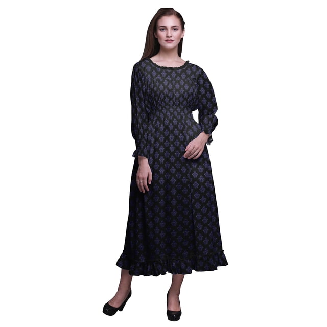 Bimba Robe Longue Décontractée à Volants pour Femmes, Imprimée, Taille Smockée, Très Petit