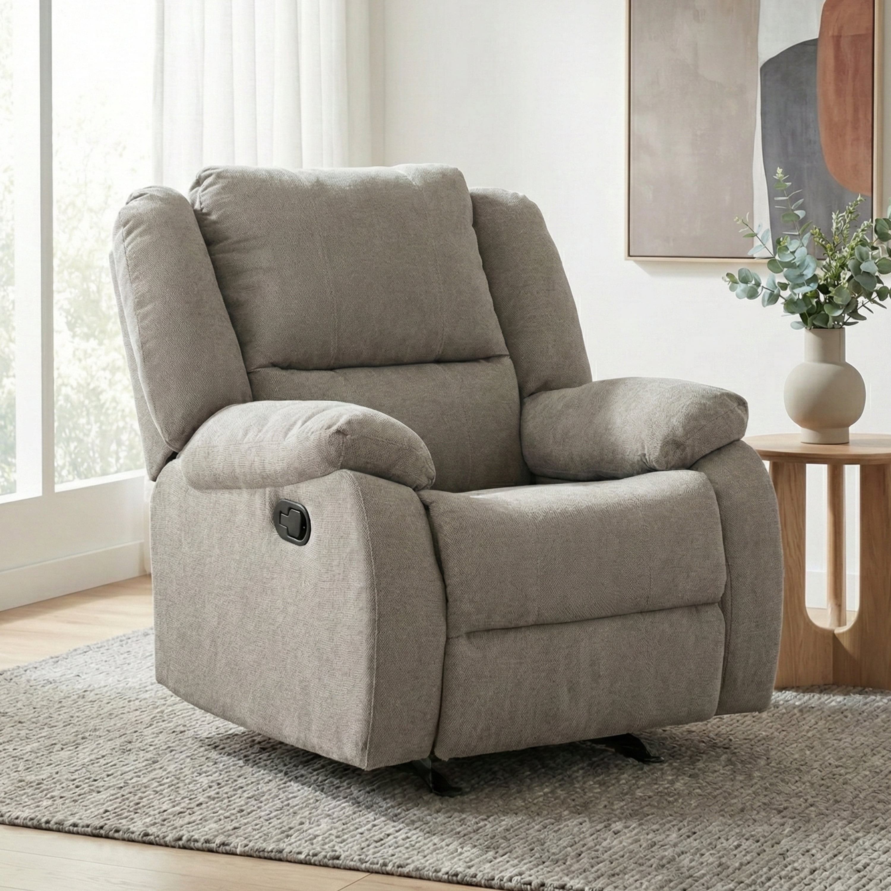 Fauteuil berçant inclinable Primo Amos – Fauteuil rembourré 36 po avec accoudoirs matelassés, mouvement berçant doux, tissu neutre – Pour salon