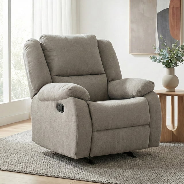 Primo Amos Rocker Recliner Chair – 36-inch Upholstered Armchair with Padded Arms, Gentle Rocking Motion, Neutral Fabric – Living Room Seating
