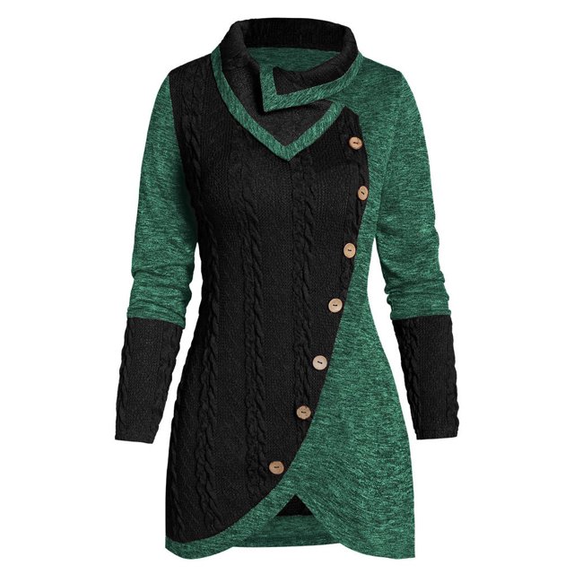 Qertyioot Chandail pour Femme Grande Taille Femme Col Rond Manches Longues Uni Bouton Patchwork Hauts Asymétriques