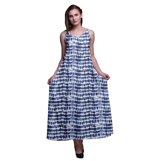Bimba Robe Maxi à Bretelles Spaghetti Sans Manches en Rayonne Imprimée Shibori pour Femmes, Coupe Évasée - Medium