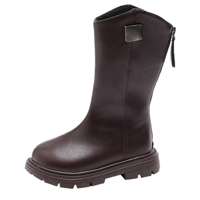 NOKIO Girls Winter Warm Leather Riding Boots Mid Calf Height with Side Zipper, Water-proof Non-Slip Sole, Cozy Pull On Boots for Cold Weather