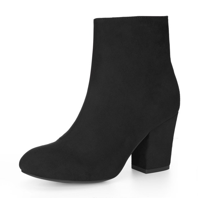 BLISSFUL STEP Bottines à Talon Bloc à Bout Rond pour Femmes avec Fermeture Éclair Latérale Noir 9