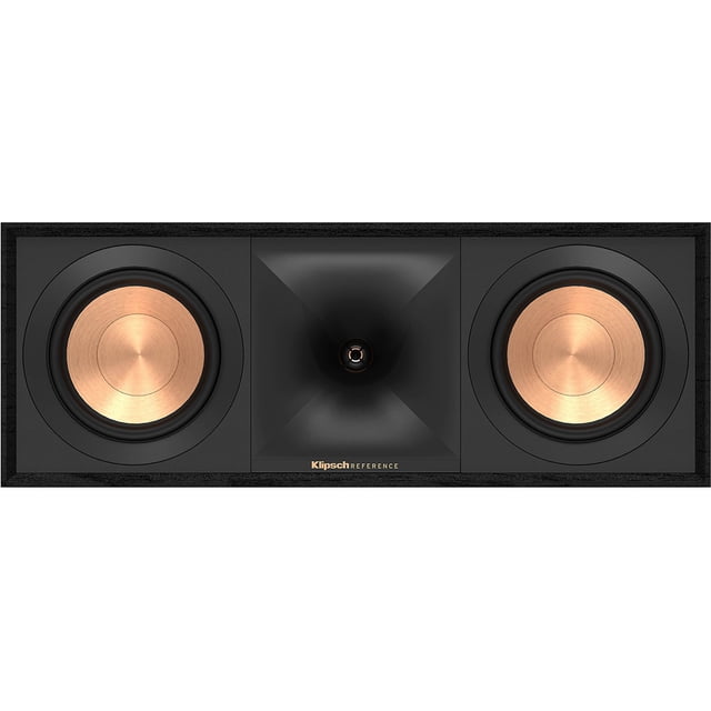 Klipsch R-50C Reference 5.25″ Centre Channel Speaker – Black 2023 model, front-facing low-profile rectangular centre speaker showing dual 5.25" spun-copper TCP woofers flanking an LTS aluminum tweeter in a 90° x 90° Tractrix horn, textured black wood-grain MDF cabinet with hidden fasteners and magnetic grille removed. Often used as a dedicated centre channel in home theatre setups.