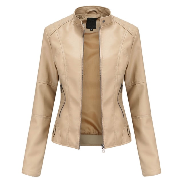 Drppepioner New,Women's Slim Leather Stand-Up Collar Zipper Stitching Solid Color Jacket Plus Size