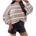 thumbnail image 1 of Besolor Chandails à Demi-Col Roulé pour Femmes, Tricot Rayé à Manches Longues, Chandail Ample Décontracté, Hauts d'Automne, Blouses Tendance, 1 of 6