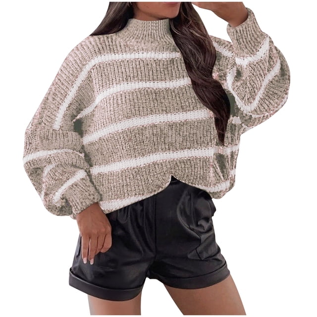 Besolor Chandails à Demi-Col Roulé pour Femmes, Tricot Rayé à Manches Longues, Chandail Ample Décontracté, Hauts d'Automne, Blouses Tendance